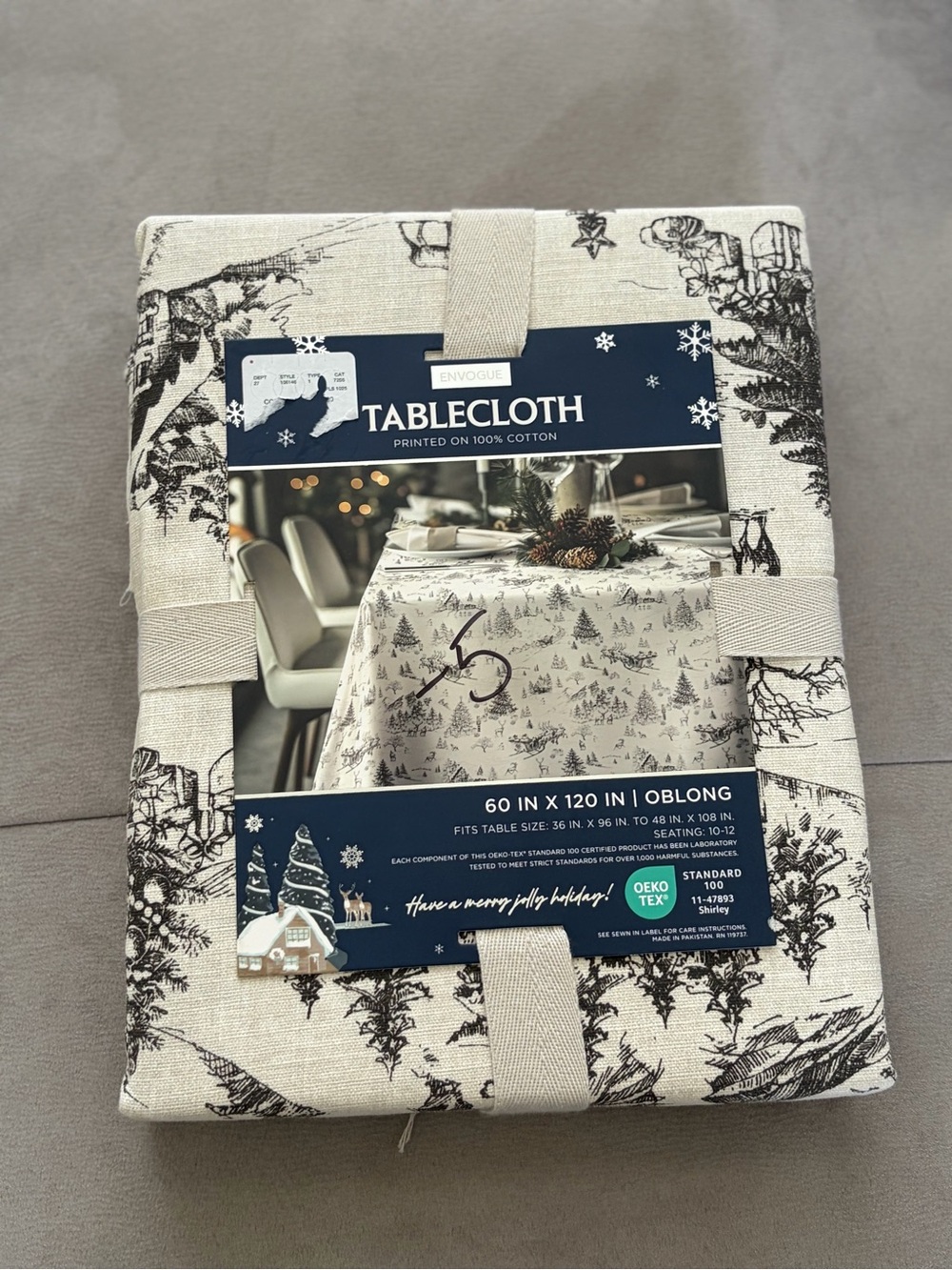 Envogue Cream and Black Holiday Forest Cotton Tablecloth 60”X120”